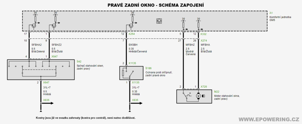 BMW E46 dovybavení zadních elektrických oken - schéma zapojení pravého zadního okna do GM5 komfortní jednotky