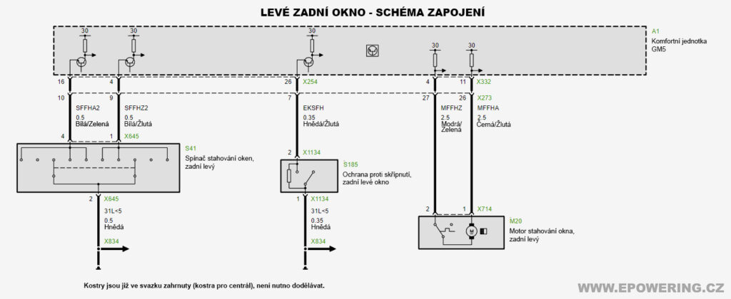 BMW E46 dovybavení zadních elektrických oken - schéma zapojení levého zadního okna do GM5 komfortní jednotky