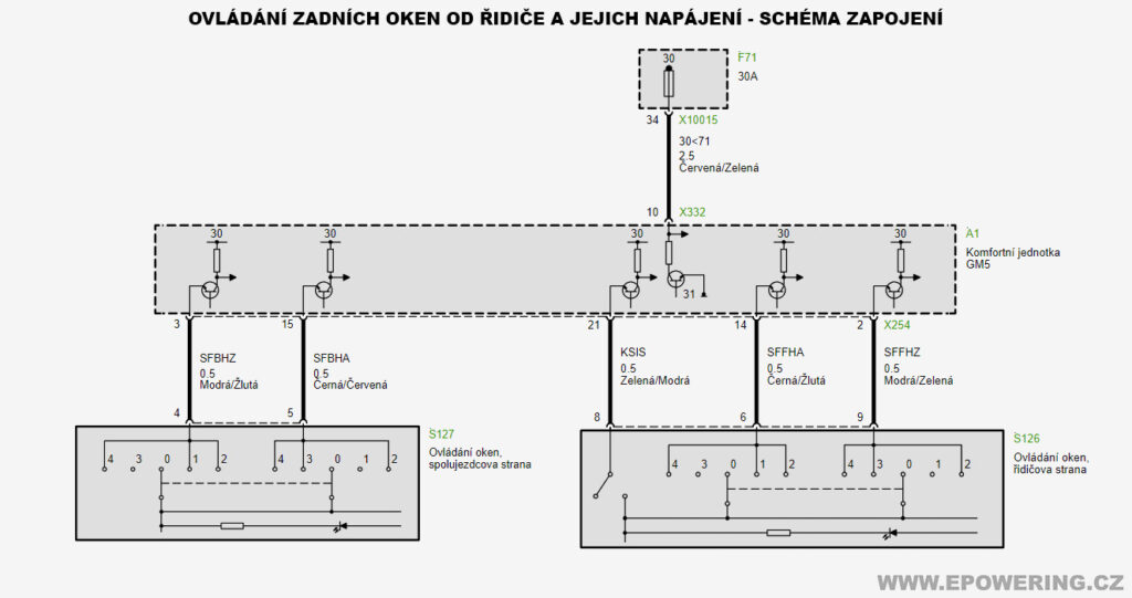 BMW E46 dovybavení zadních elektrických oken - schéma zapojení ovládání od řidiče vpředu a napájení